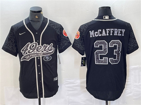 Men's San Francisco 49ers #23 Christian McCaffrey Black Reflective With Patch Cool Base Stitched Baseball Jersey